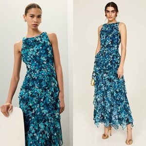 Badgley Mischka | Dresses | Badgley Mischka Floral Print Chiffon Sleeveless  Tiered Ruffle Skirt Maxi Gown 2